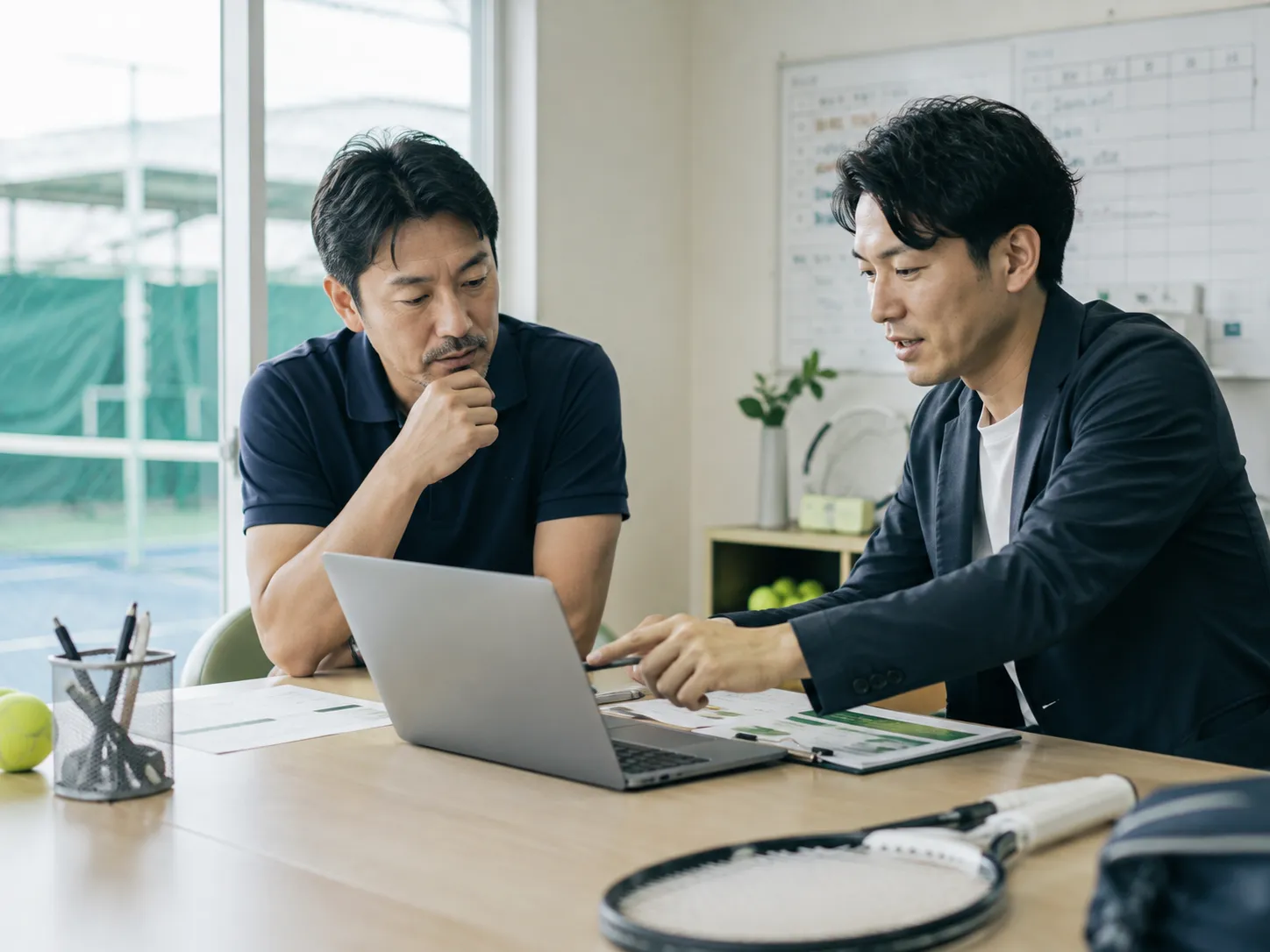 ノートパソコンの数字を一緒に見るコーチと担当者