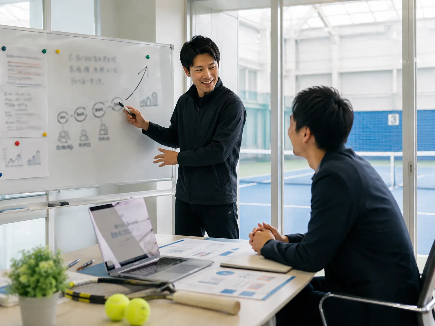 ホワイトボードの前で次の一手を話し合うコーチと担当者
